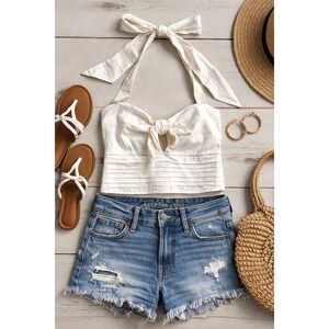 Abercrombie & Fitch Halter Top Womens Small White Good Cropped Smocked Back
